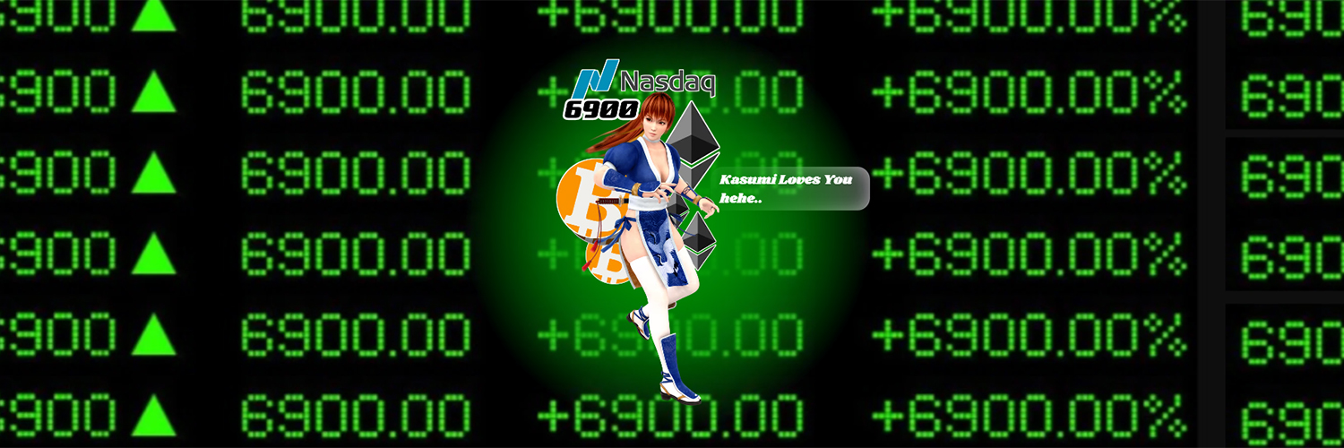 Nasdaq6900 banner — Kasumi over a bullish ticker board