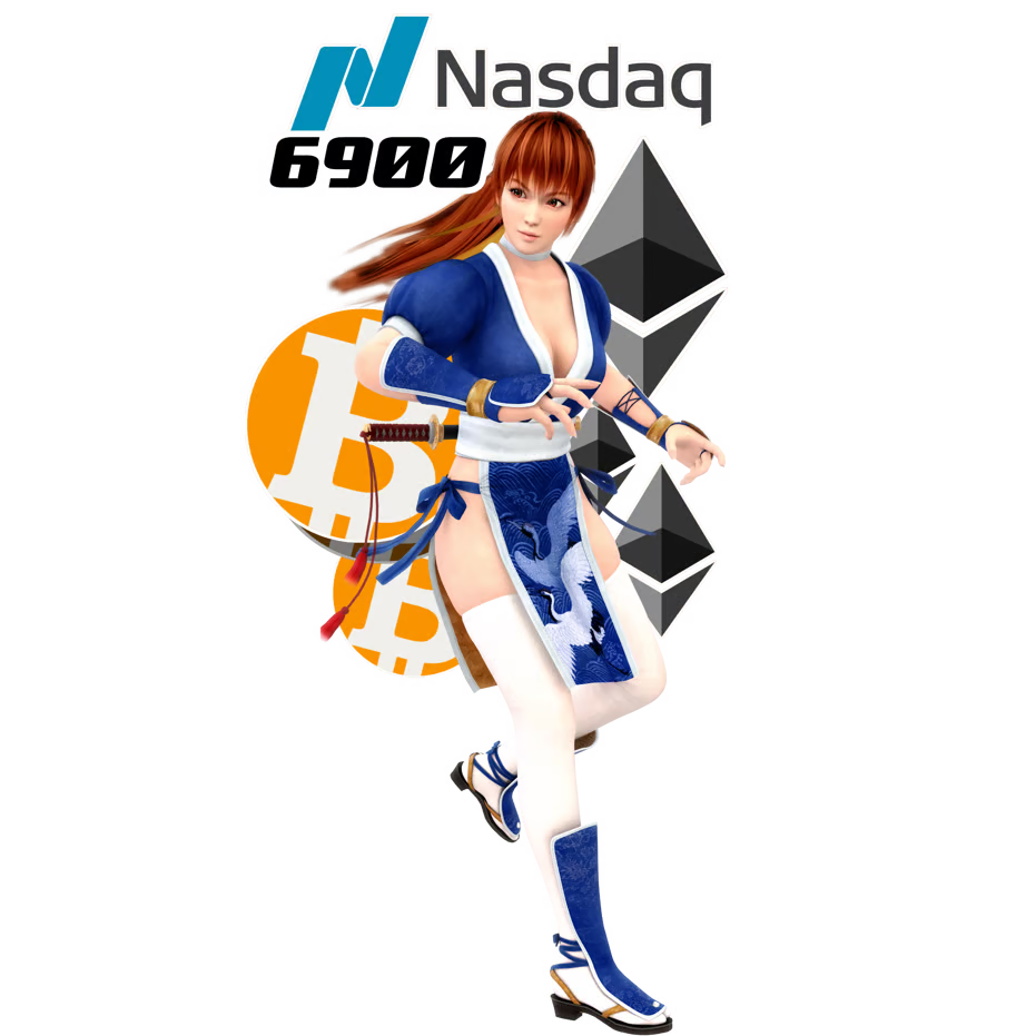 Nasdaq6900 mascot with Bitcoin and Ethereum marks